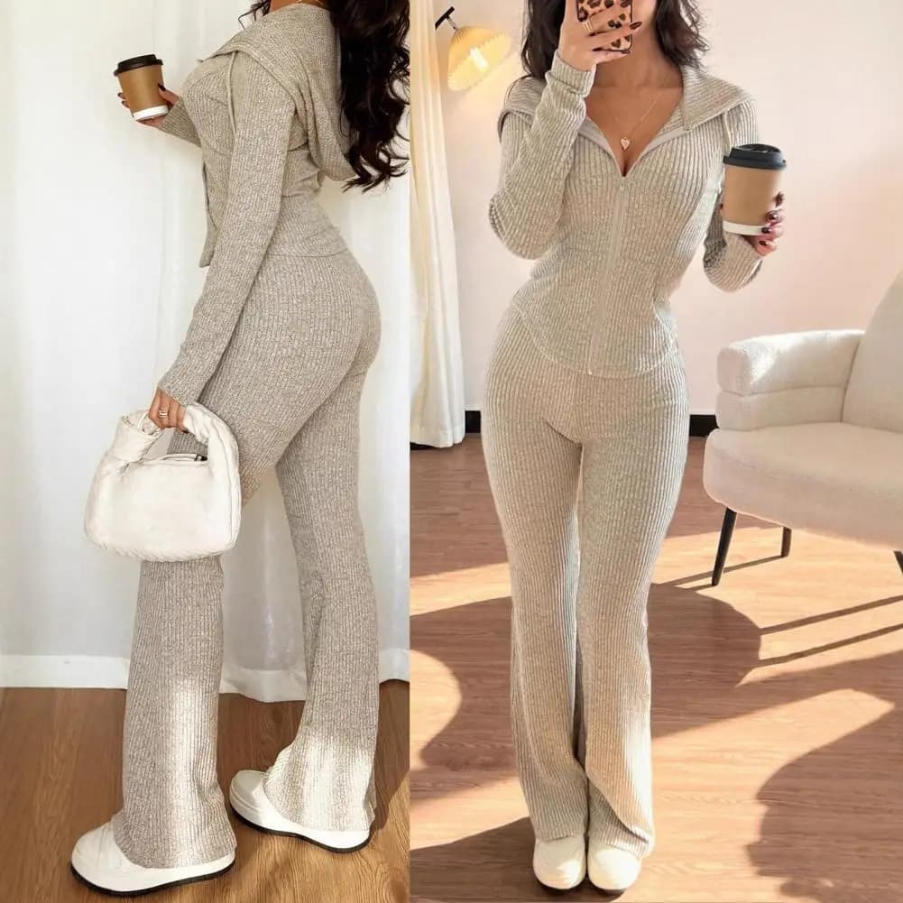 Tute da donna a 2 pezzi con felpa con zip e pantaloni a zampa d'elefante, completi in maglia a costine, tute sportive sexy aderenti.
