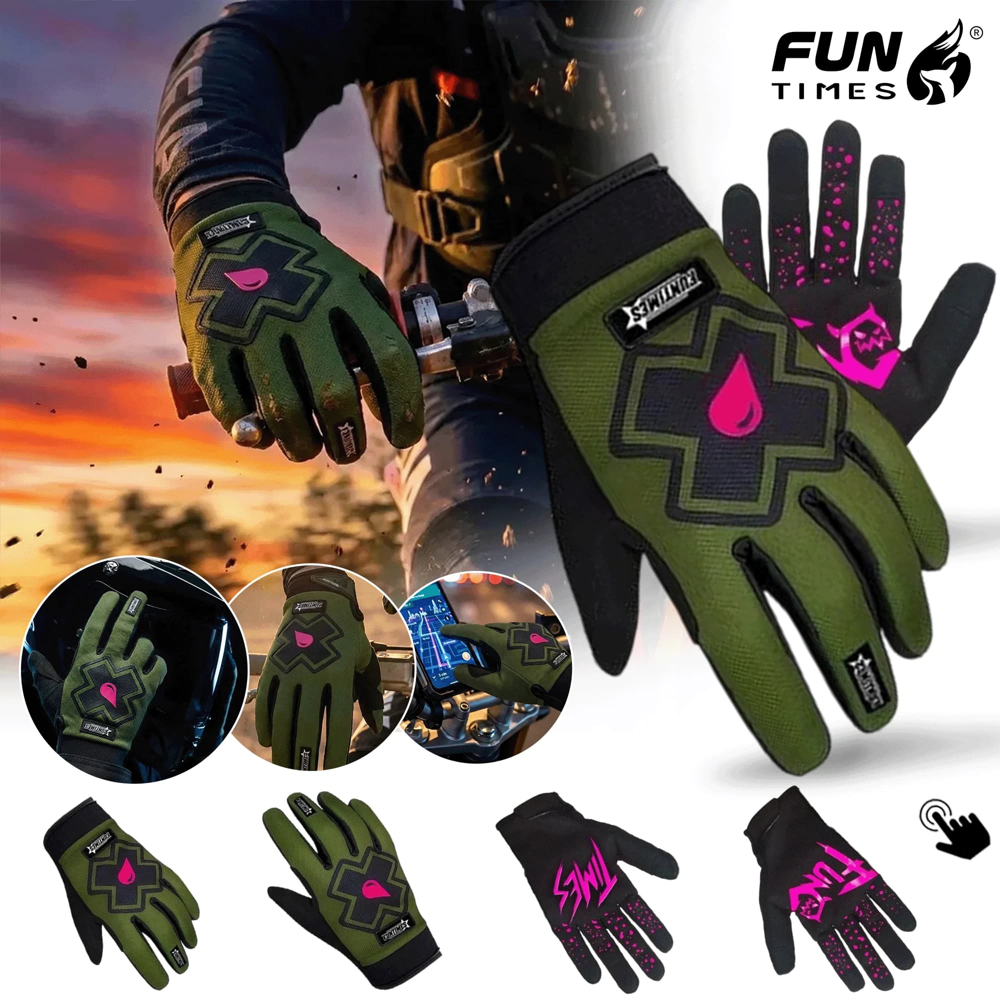 FUNTIMES Guanti con dita touchscreen verde militare, guanti a dita intere per moto/mTB