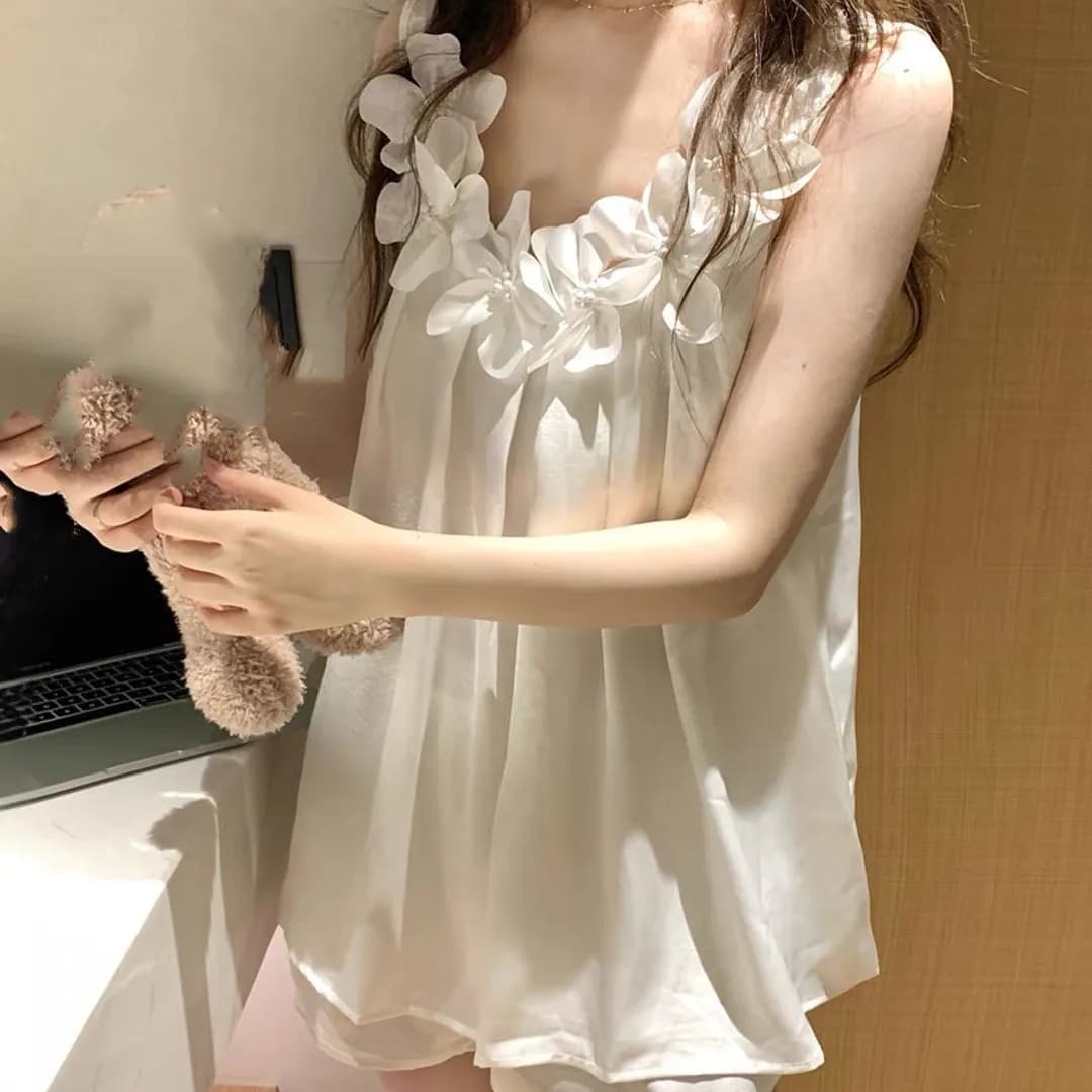 Sexy Applique Female 2Pcs Pajamas Set Loungewear Summer Ice Silk Sleepwear Pijamas Suit Loose Home Clothes Pyjama