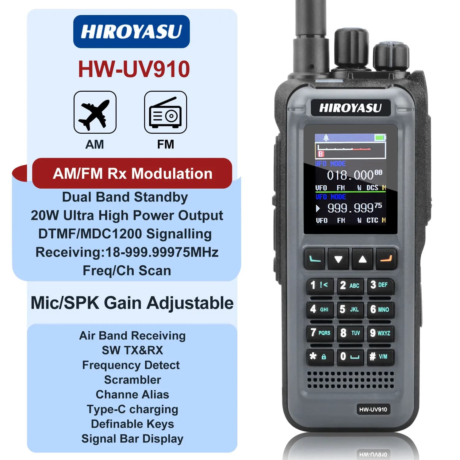 HIROYASU HW-UV910 VHF UHF Dual Band 20W Air Band 18-999.99975MHz Rx Scrambler DTMF 1750Tone NoAA FM Walkie Talkie Rilevamento Freq
