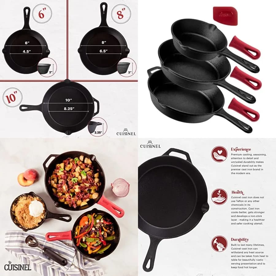 Set di Padelle in Ghisa - 3 Pezzi: Padelle da Chef da 6 + 8 + 10 Pollici - Utensili da Cucina Pretrattati + 3 Coperture in Silicone per Manici - USA