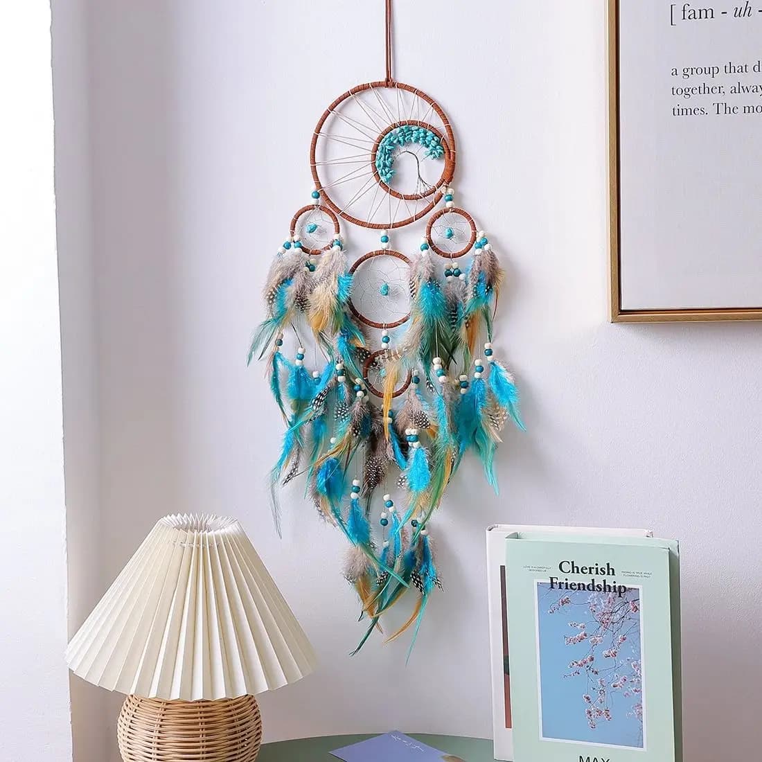 Turquoise Dreamcatcher Door Hanging Pendant Bedroom Bedside Feather Tassel Dream Catcher Wind Chime Girl's Heart Birthday Gift
