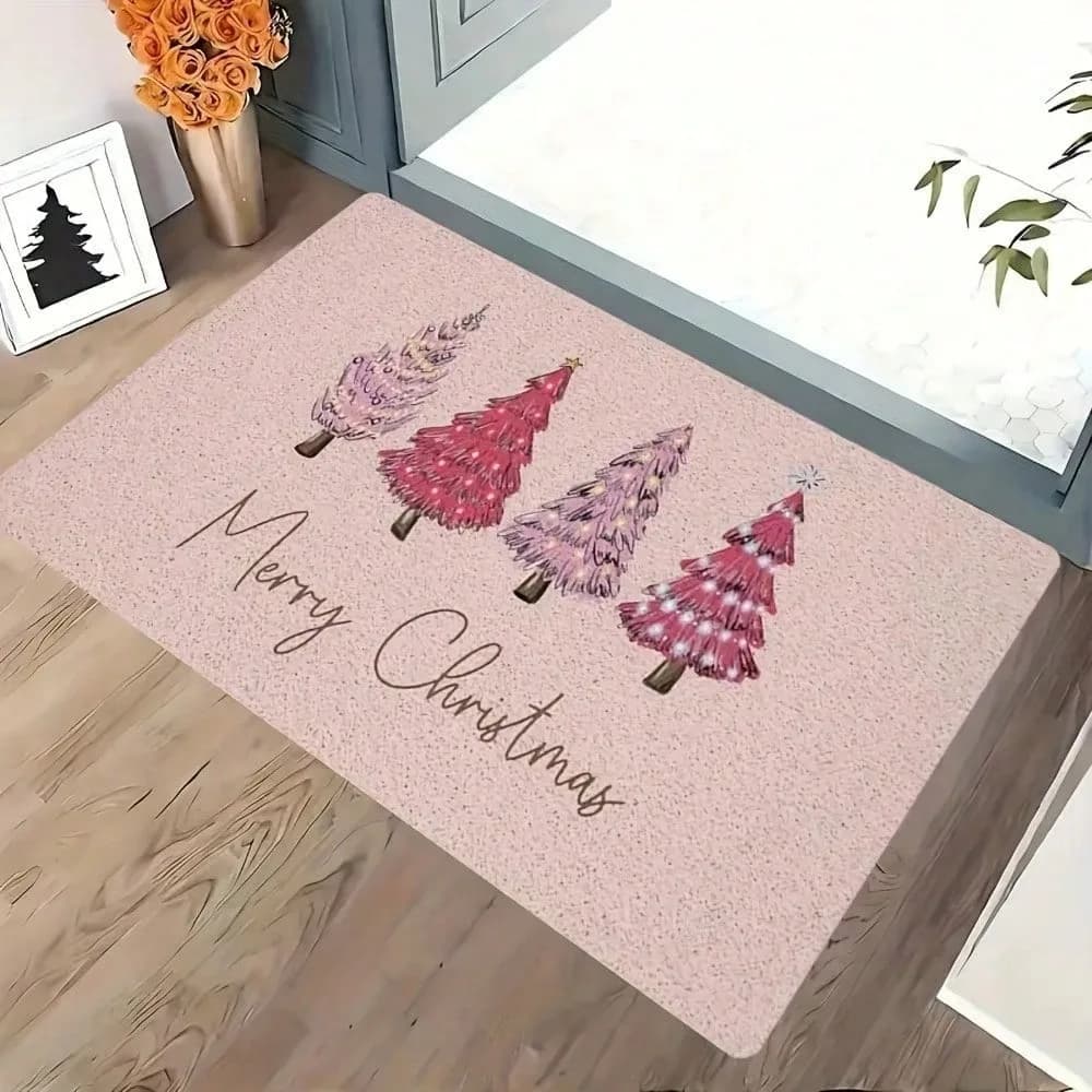 1pc Pink Christmas Trees 'Merry Christmas' pattern rubber floor mat water-absorbent non-slip entrance bathroom Christmas decor