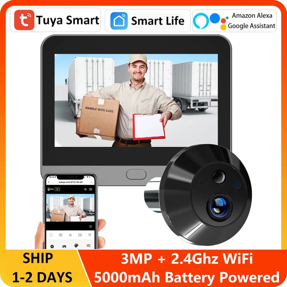 3MP Tuya Smart Life APP 2.4Ghz WiFi Digital Magic Eye Door Viewer Telecamera spioncino alimentata a batteria con monitor schermo da 4,3 pollici
