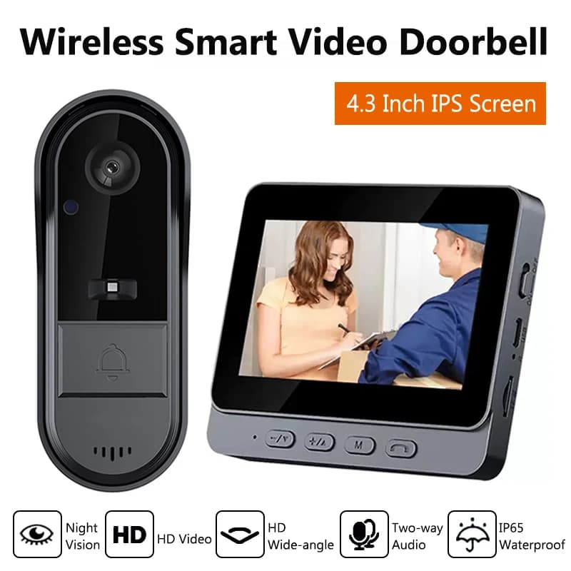 Campanello citofono senza fili Visione notturna Schermo IPS da 4.3 '' Videocitofono impermeabile Telecamera Campanello visivo di sicurezza domestica intelligente