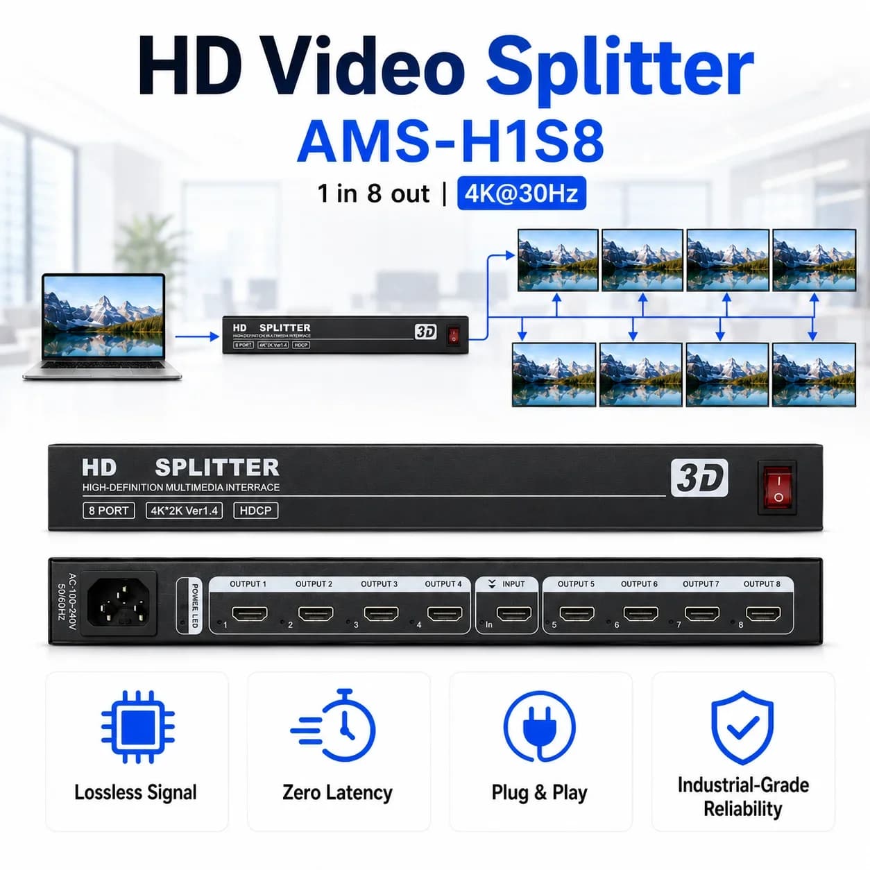 AMS-H1S8 Full HD 4K 1080P Splitter 1 in 8 Out Support 8 Screens Same Time Display for TV Projector Display Devices