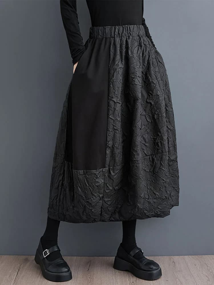 2025 Primavera Autunno Nuovo Nero Vintage Patchwork Gonna a vita alta elastica Donna Allentato Casual Gonne longuette Moda Abbigliamento elegante