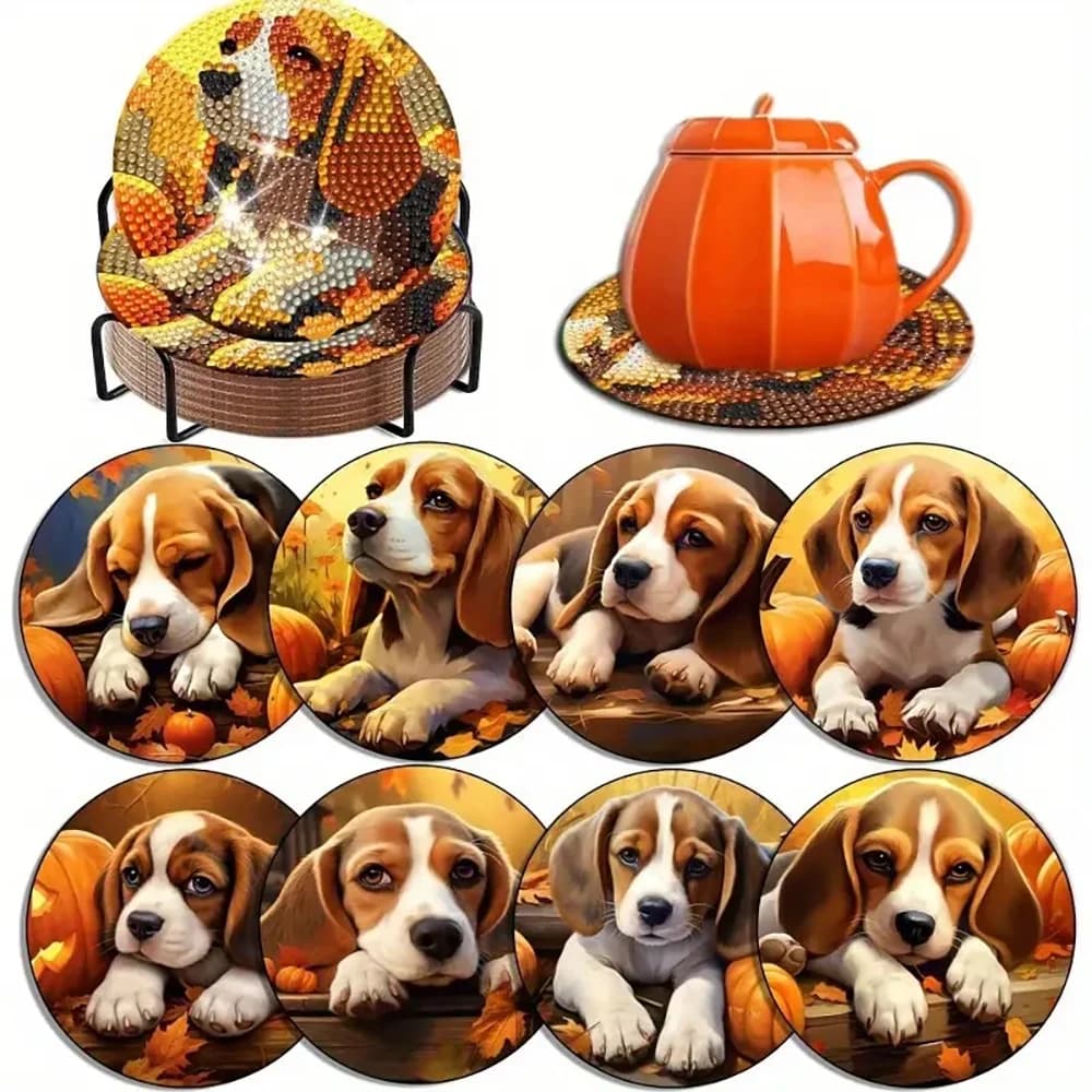 8 Pieces/Set of Animal Puppy Diamond Painting Coaster Set, DIY Coaster with Holder for Beginners, Art and Craft Gift