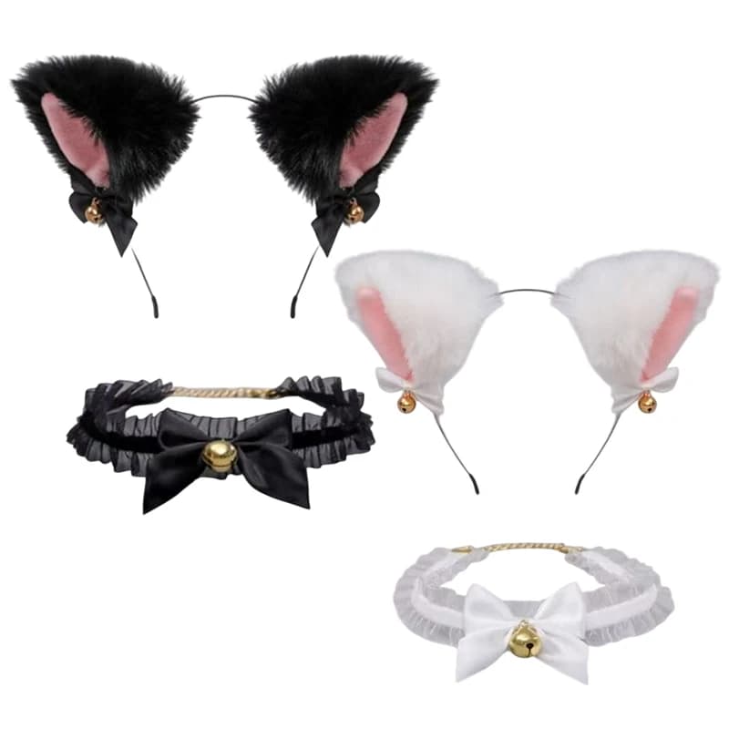 Fascia per capelli alla moda con orecchie di gatto e campanellino, nera, stile selvaggio, con fiocco e campanellino, accessorio sexy per collare, girocollo e braccialetto