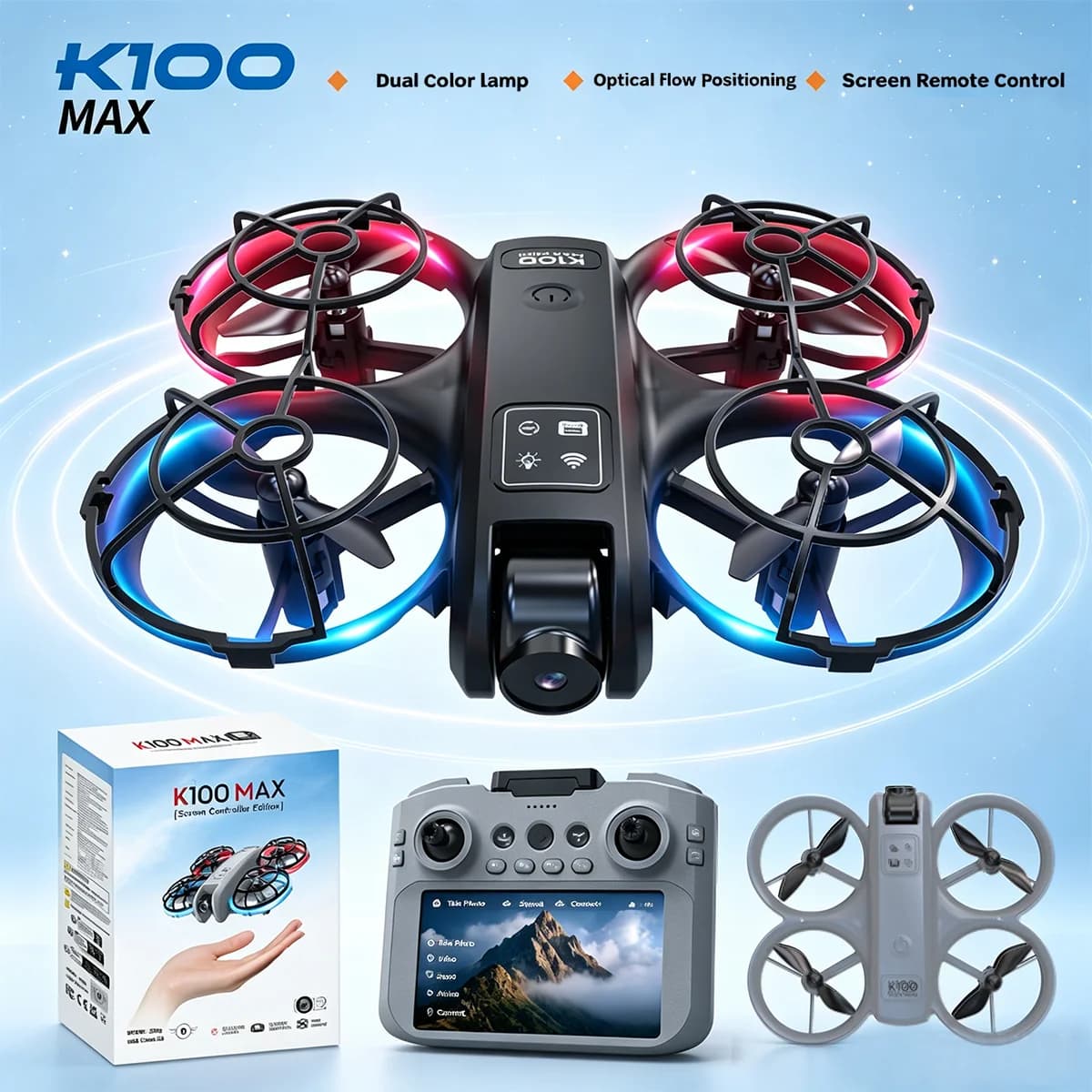 K100 Max Mini Drone Professional 4K HD Camera UAV 4.3-inch Screen Remote Control Dron With Dazzing Lights RC Quadcopter Kid Toys