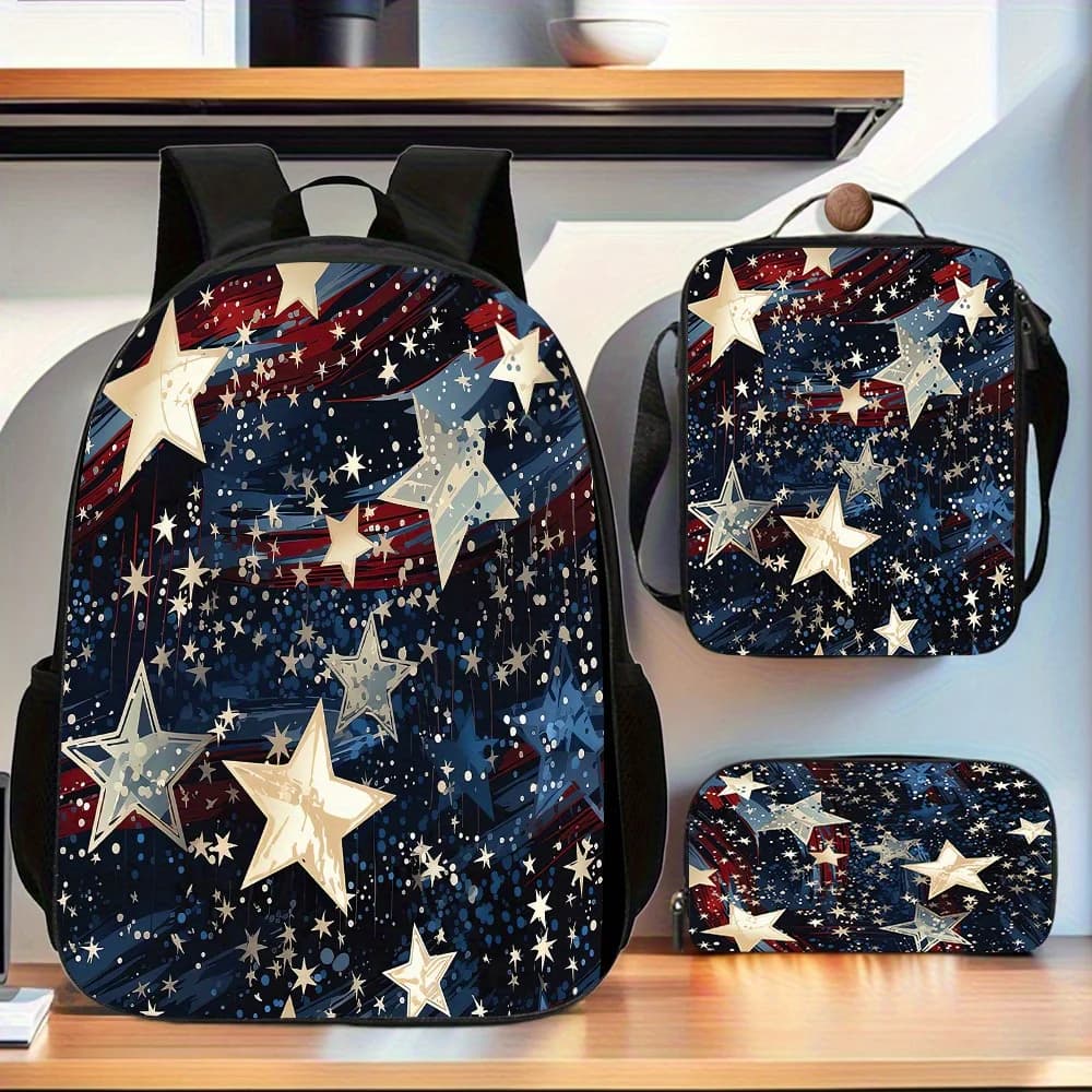 Galaxy stars 3pcs Backpack Set, Includes Large Capacity Casual Double Shoulder Backpack, Pencil Bag and Lunch Box, Elegant Polye