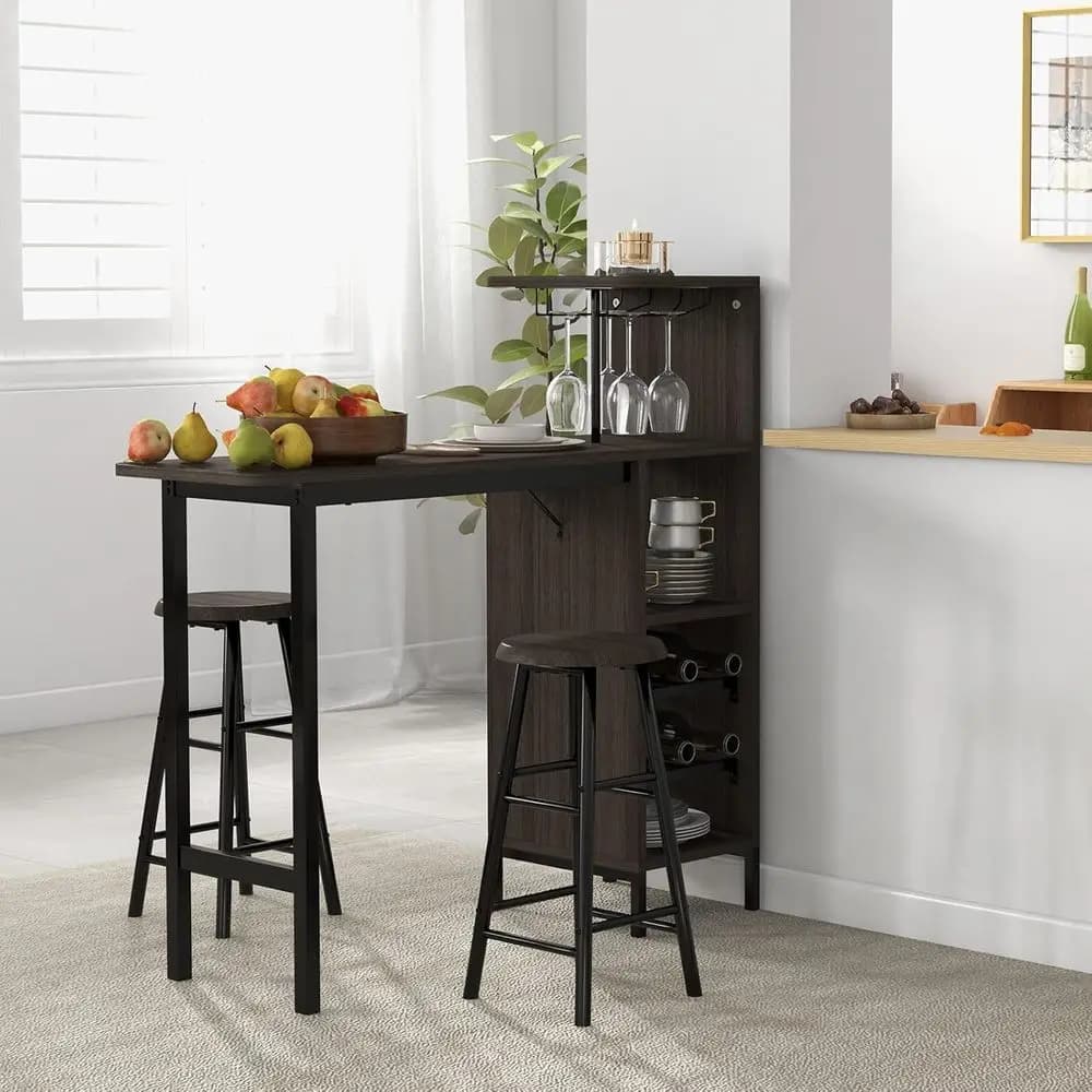 Set da Bar a 3 Pezzi con Sgabelli, Portabicchieri da Bistrot, Portabottiglie a 2 Livelli, Ripiani Portaoggetti, Adatto per Cucina, Sala da Pranzo, Pub (Br