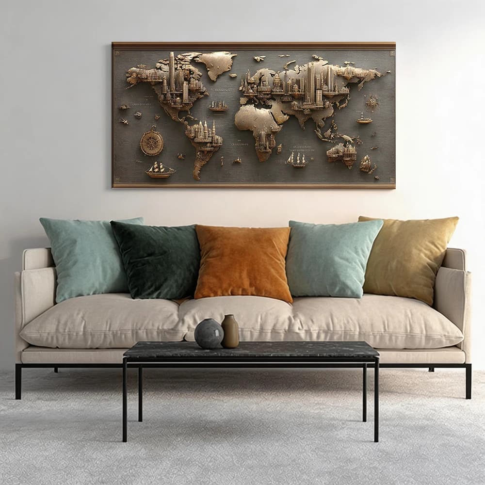 Painted on canvas with large wooden frame, 1 piece, works of art, continents, ships, structures.