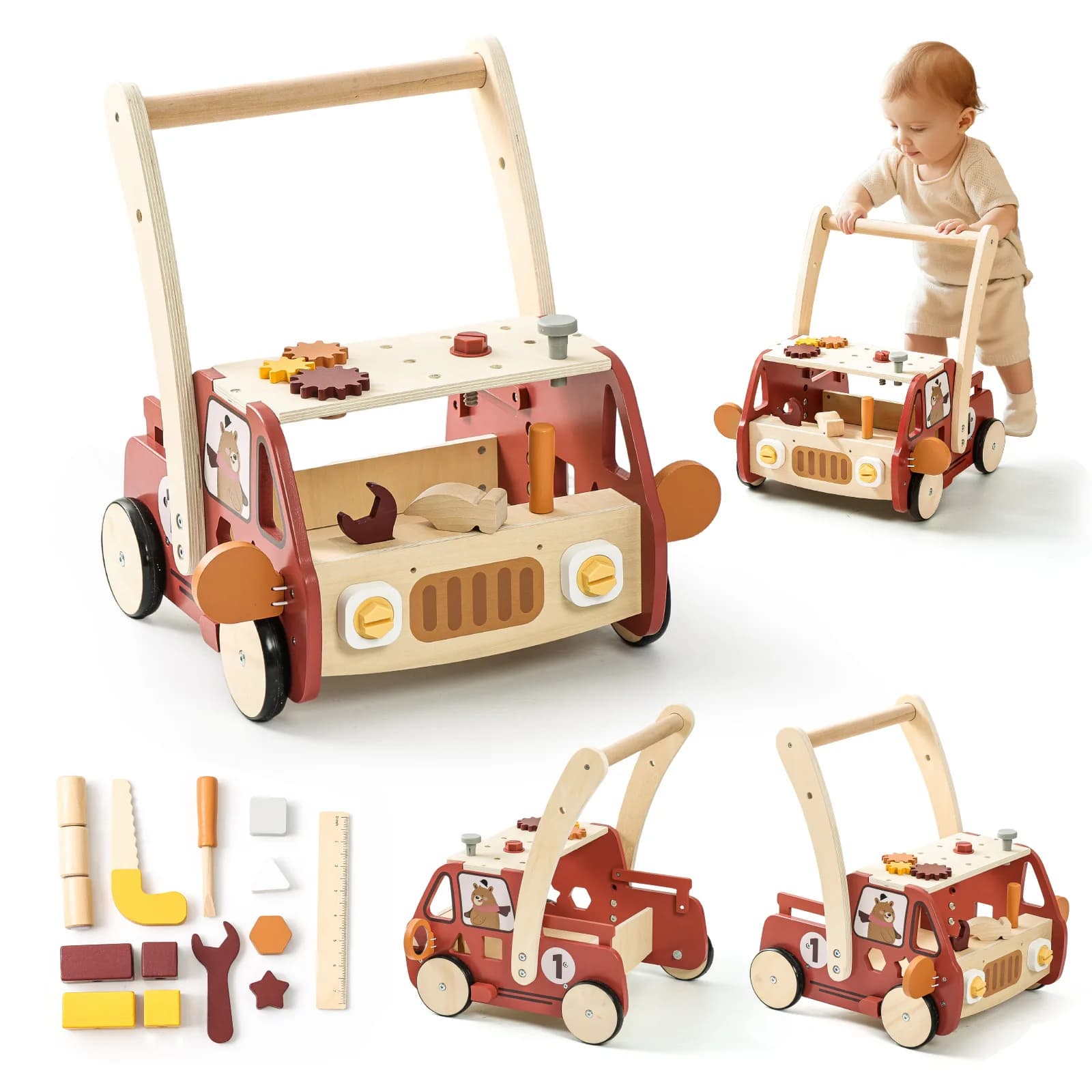 Baby Walker Cart Anti-Tip Learning Toy with Building Blocks