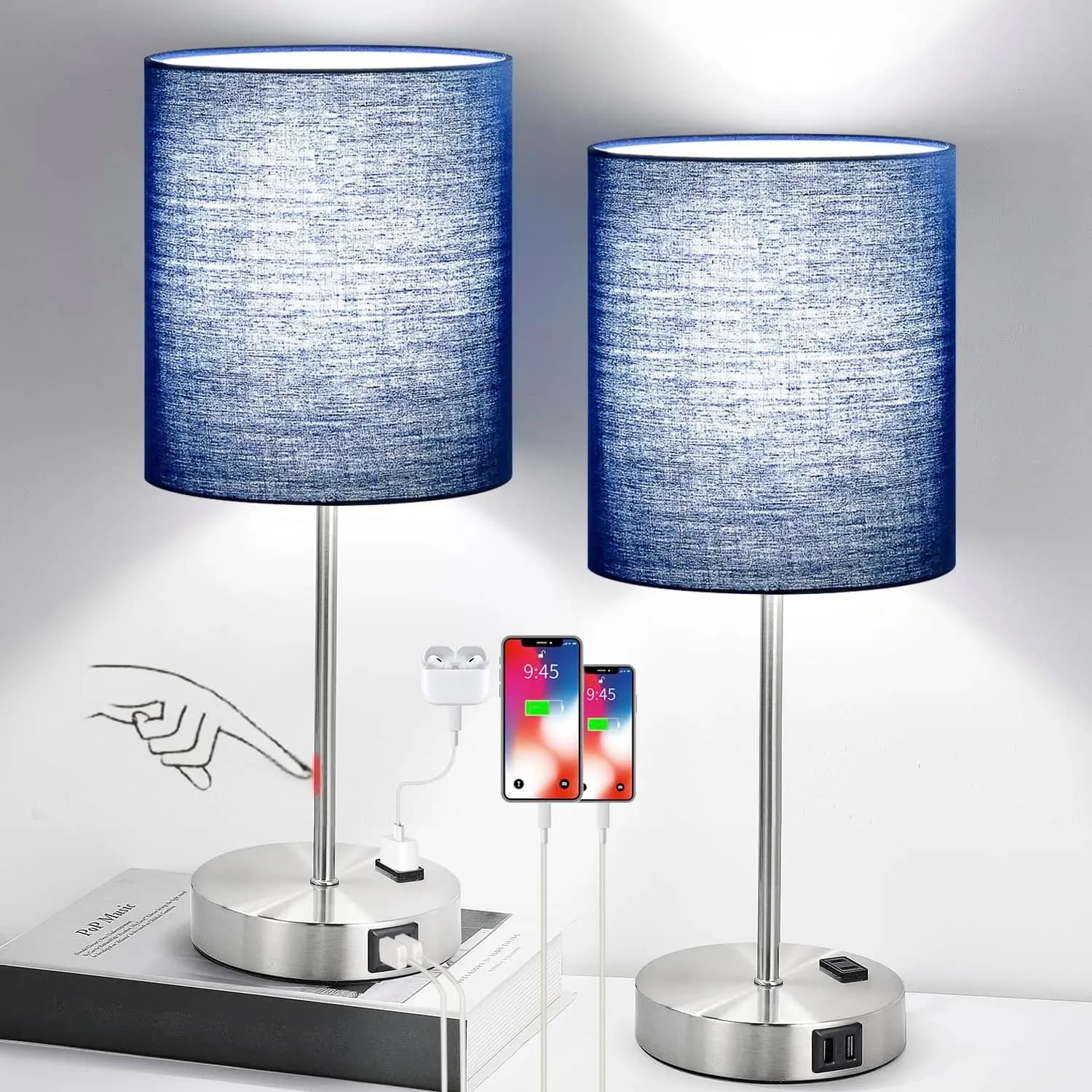 Set di 2 Lampade da Tavolo con Controllo Touch, Porte USB, Presa AC, Lampadine LED Dimmerabili per Camera da Letto e Soggiorno