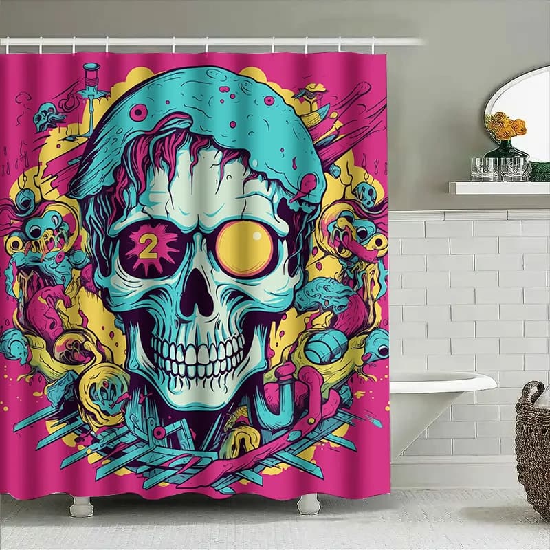 Tuniu Tenda da doccia con teschio psichedelico, arredamento horror fresco, stampa scheletro divertente, arredamento unico per il bagno, doccia d'arte fantastica