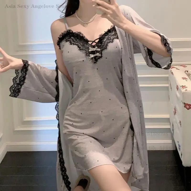 Spring New Set Nightwear and Dressing Dress Sexy Lace with Strap for Spaghetti Sleeves Lace Sleeveless Dress Kimono Dress for Night Dress Pigiama