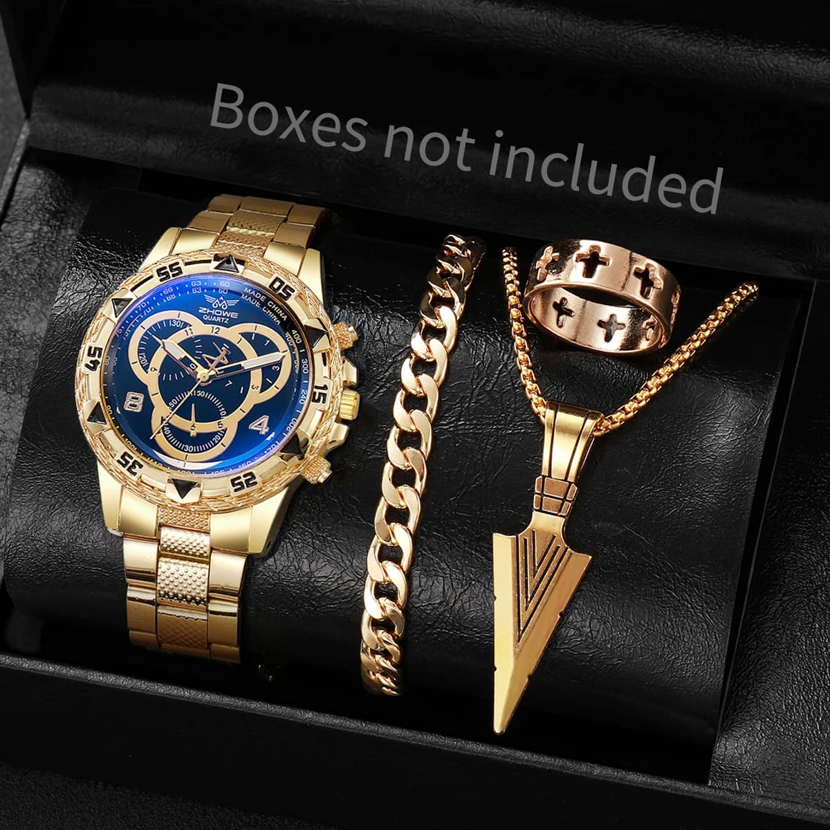 4 pz/set moda uomo orologio al quarzo di lusso quadrante grande orologio da polso da uomo d'affari orologio maschile set di gioielli Reloj Hombre (senza scatola)