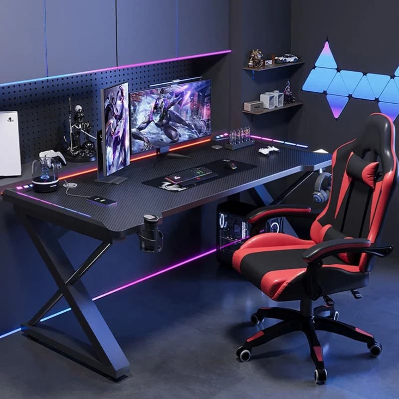 Scrivania da Gaming per Computer con Piano in Fibra di Carbonio, Illuminazione Ambientale RGB, Gambe in Acciaio a Forma di XK per Casa