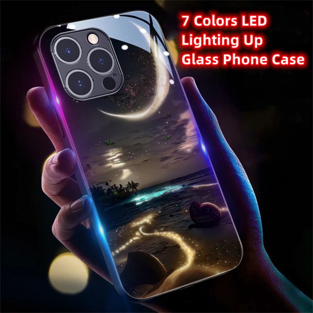 Pretty Star River Beach Design Smart LED Light Glow Tempered Glass Phone Case For iPhone Air 17 16 15 14 13 12 11 Pro Max Plus