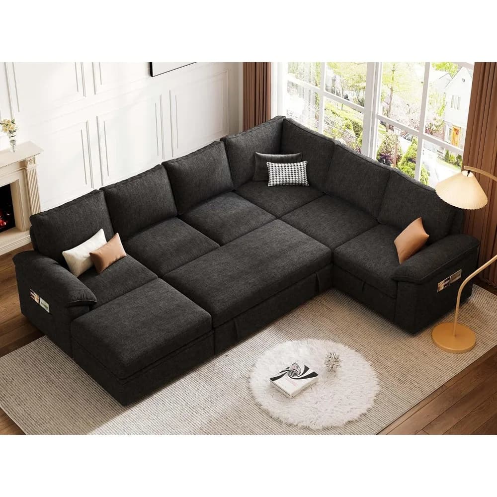 Divano Componibile a U con 7 Posti, Comfort Eccezionale, Letto Estraibile, Vano Contenitore, Rivestimento Rimovibile, Personalizzabile per Soggiorno