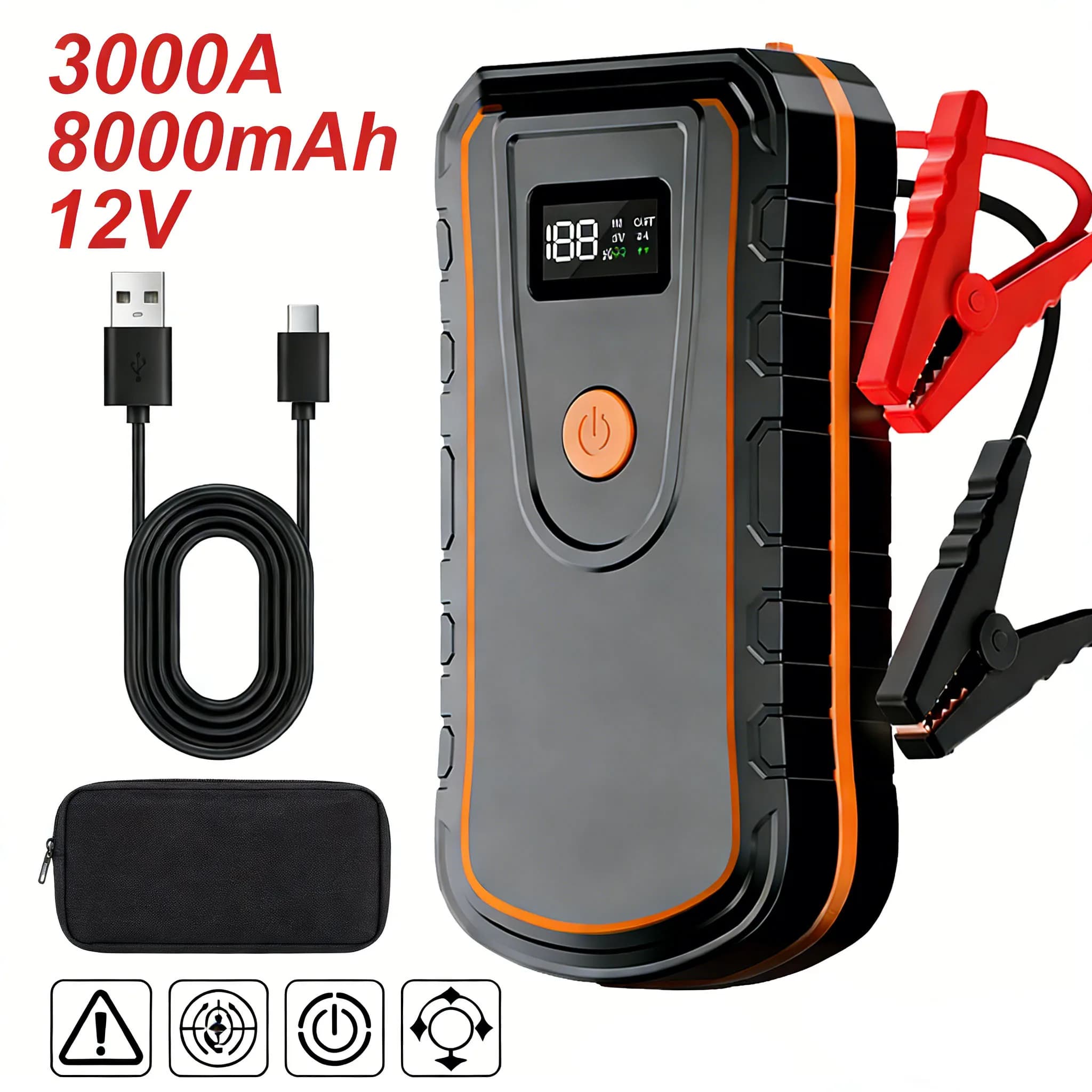 Avviatore di emergenza per auto 3000A, 8000mAh, essenziale per veicoli a benzina, diesel e 12V. Un dispositivo sicuro ed efficiente indispensabile per il campeggio all'aperto.