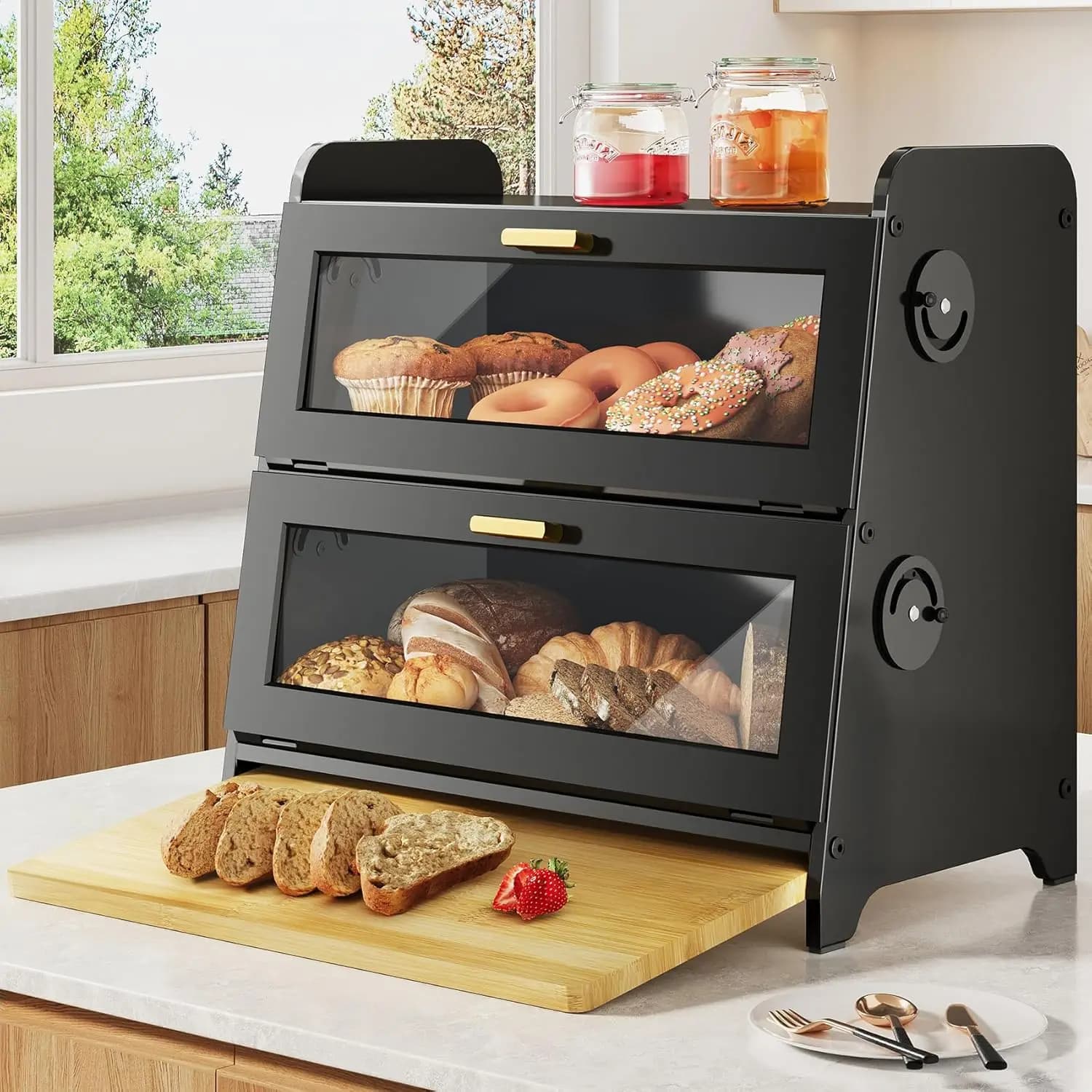 SNTD Bread Box - Kitchen Countertop Bread Storage Container with Bamboo Cutting Board, Adjustable Vent Hole Dials
