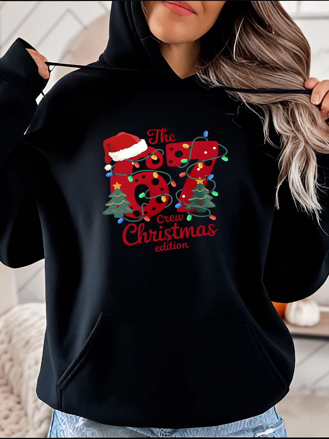 Felpa con cappuccio con luci natalizie, design festivo, motivo festivo, abbigliamento casual da donna, completo invernale