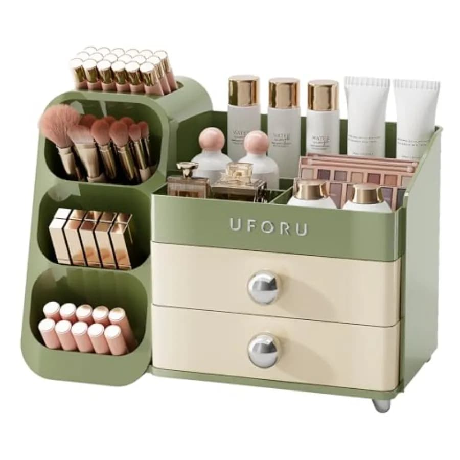 Makeup Organizer for Vanity with Brush Holder Plastic Bathroom Countertop Skincare Organizer with 2 Drawers Spacious Cosmetic D