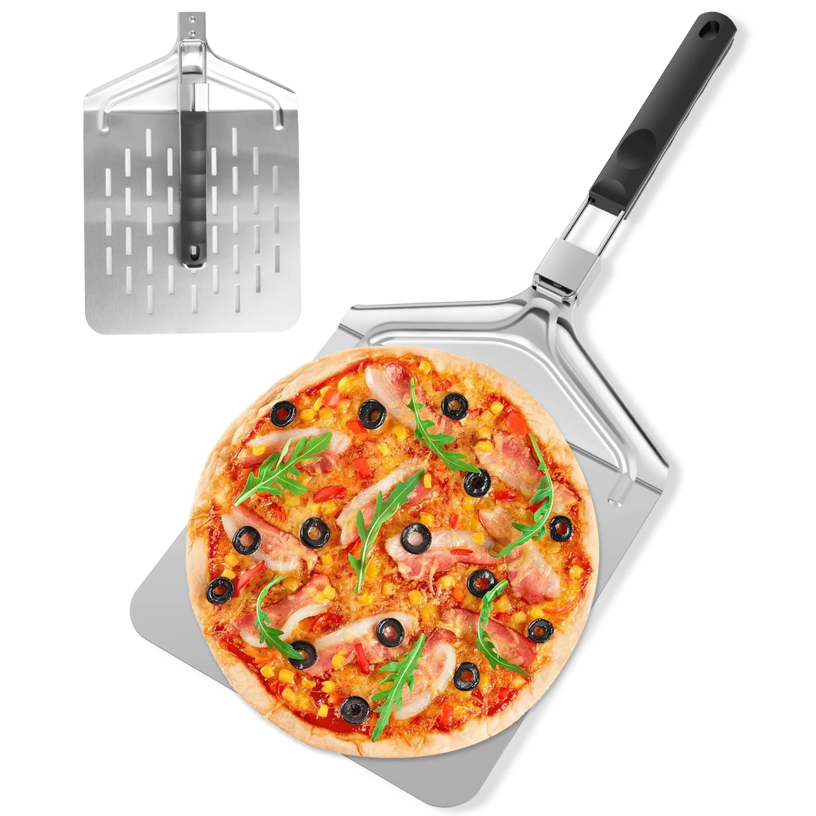 Stainless Steel Perforated Pizza Peel Non-stick Pizza Turning Peel Foldable Pizza Peel Paddle Kitchen Pizza Spatula with Handle