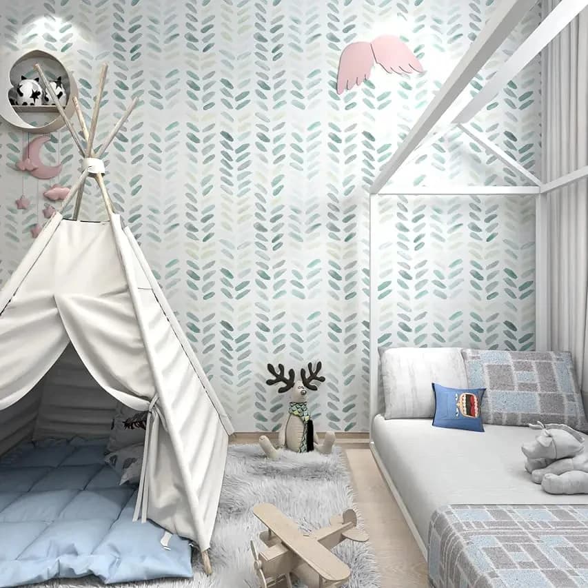 1pc Self-Adhesive Herringbone Wallpaper for Kid, Peel and Stick, Boho Contact Paper, Removable Leaf, Green and White Wallpaper