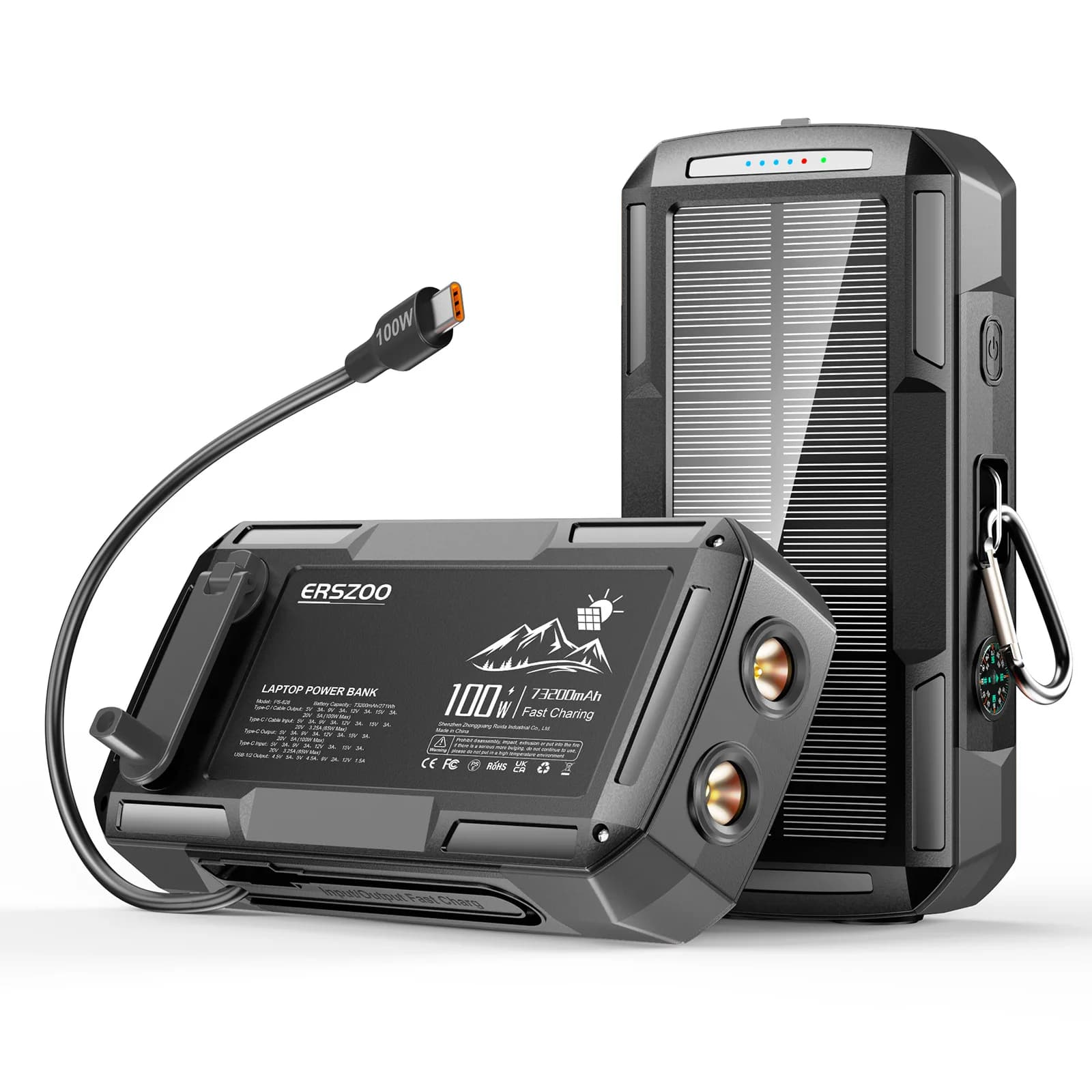 Solar Power Bank 73200mAh Ricarica a manovella con cavo 100W Ricarica rapida per batteria esterna per notebook portatile per iPhone Xiaomi