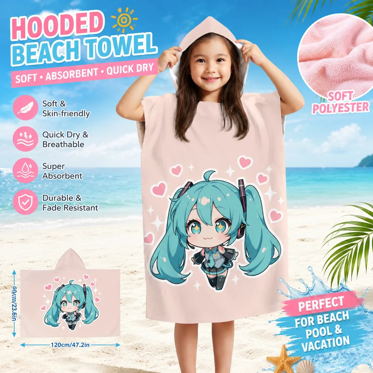 Chibi Hatsune Miku Kids Hooded Beach Towel, Pink Quick Dry Absorbent Polyester Bath Robe for Girls