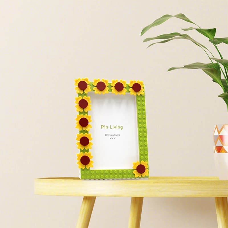 Cornice per foto con blocchi di costruzione colorati girasole fai-da-te, cornice per la decorazione domestica, regali di compleanno per l'attività familiare