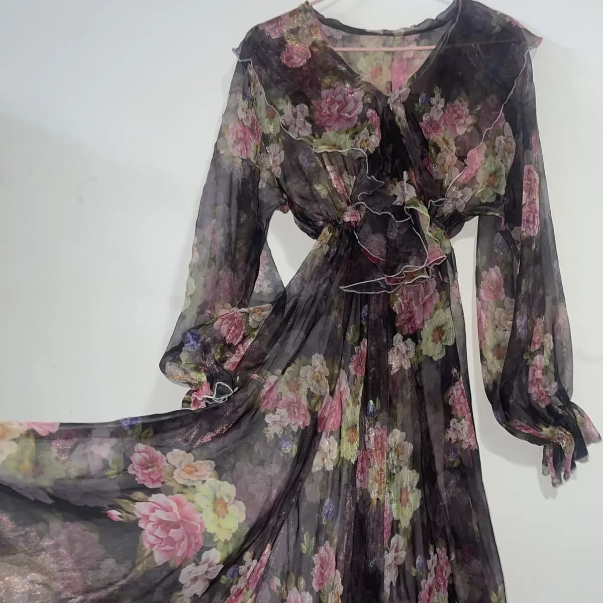 Abito Lungo in Tulle Trasparente con Stampa Floreale per Donna, Vestito Maxi a Maniche Lunghe, Pigiama Plus Size