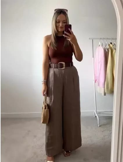KIDCRKJ Pantaloni Lunghi Eleganti da Donna con Tasche Laterali e Cerniera, Gamba Larga, Cintura Chic, Decorazioni Arricciate, Casual e Comodi
