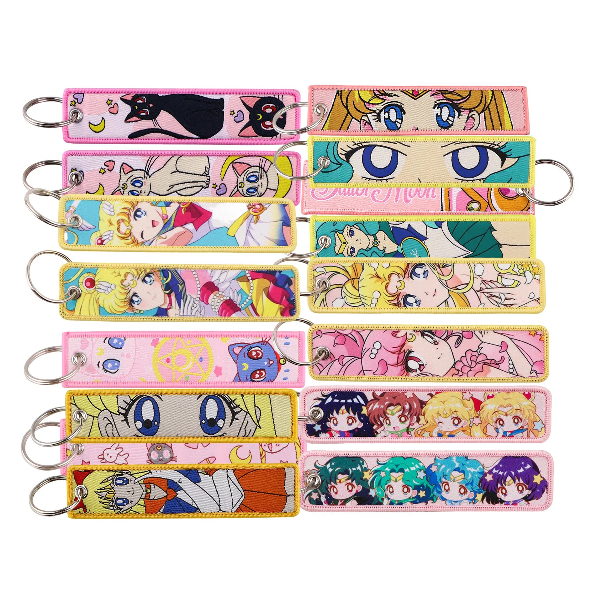 1pcs Double‑Sided Lovely Girl Cartoon Pattern Embroidery Key Tag Strap Keychain Metal Key Ring Bag Hanging Charm Accessories