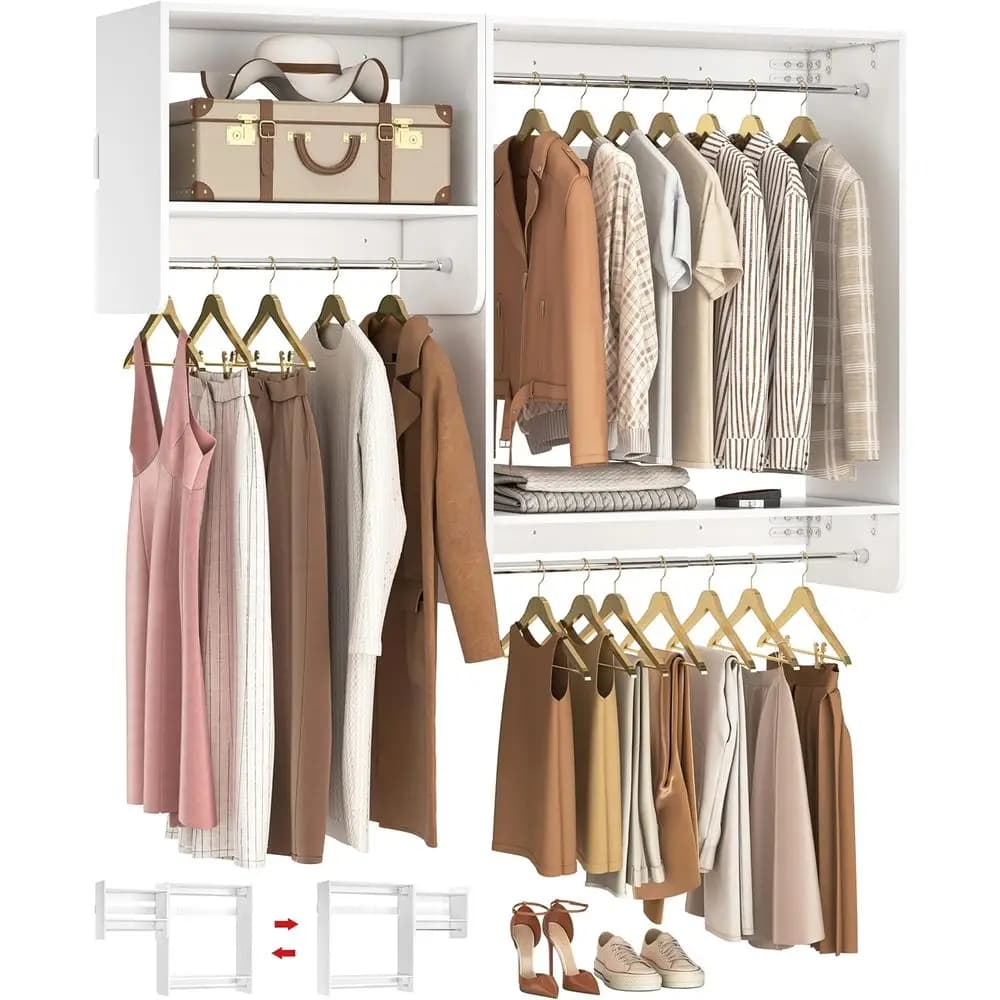 5-Tier Walk-In Closet Organizer Kit with 3 Rods & 2 Shelves, Heavy-Duty Wood Racks, Up to 800 lbs Load, White