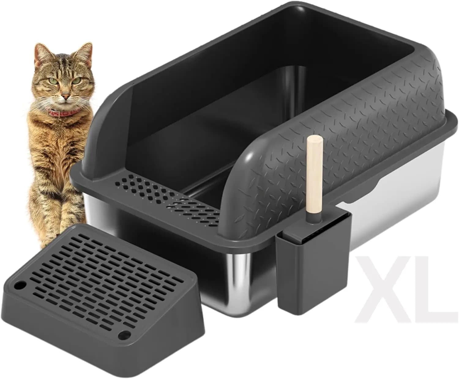 Lettiera per Gatti XL in Acciaio Inossidabile con Coperchio a Bordo Alto e Recinzione, Include Paletta per Lettiera con Supporto e Tappetino Raccogli Lettiera