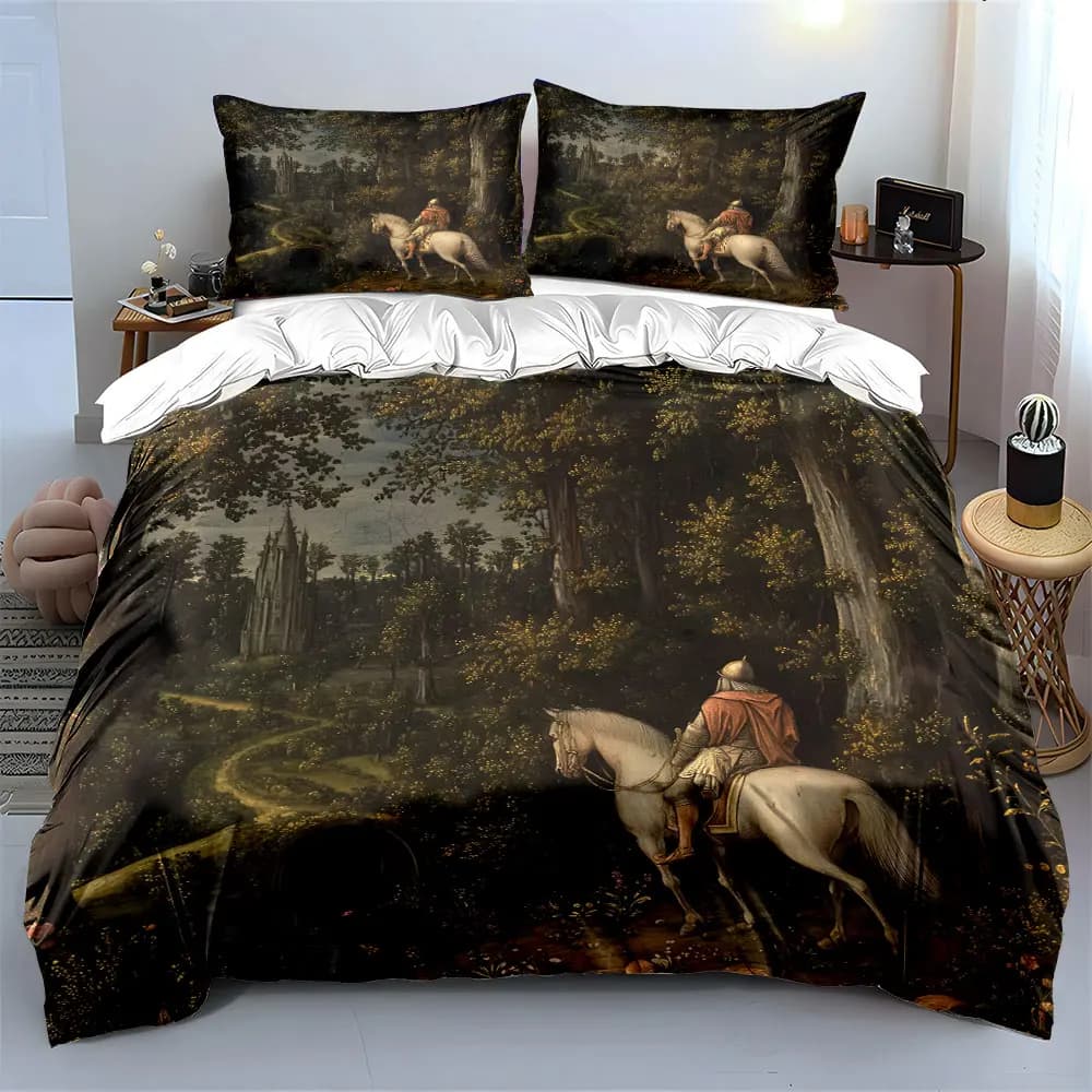 Knight Exploring Forest Print Bedding Set 1 Duvet Cover 2 Pillowcases for Adult and Children Luxury Gift Full Size