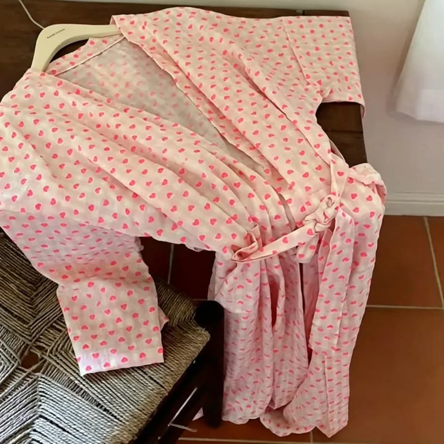 Sweet Pajama Robe for Women, Spring and Autumn, Heart Plaid, V-Neck, Tie-Waist, Casual Mid-Length Homewear, Sleep Robe, Nightgow