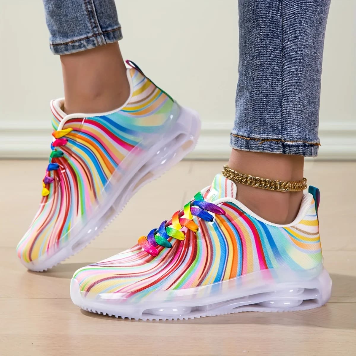 Scarpe sportive casual a righe arcobaleno da donna Scarpe da corsa stringate da spiaggia piatte alla moda per il tempo libero e le vacanze estive per donna