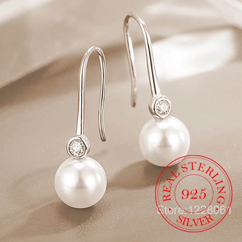 Orecchini pendenti con perle da 8 mm in argento sterling 925 per le donne Gioielli con zirconi cubici Matrimonio Fidanzamento Regalo di fascino per feste di moda