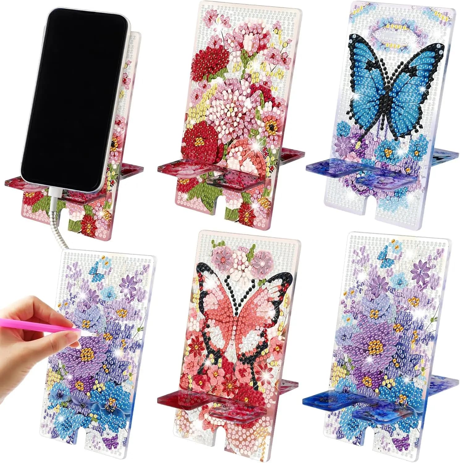Saillong 4 Pezzi Supporto per Cellulare con Diamanti a Tema Floreale e Farfalle, Fai da Te, con Diamanti a Copertura Totale, Supporto per Telefono con Cristalli, Bling