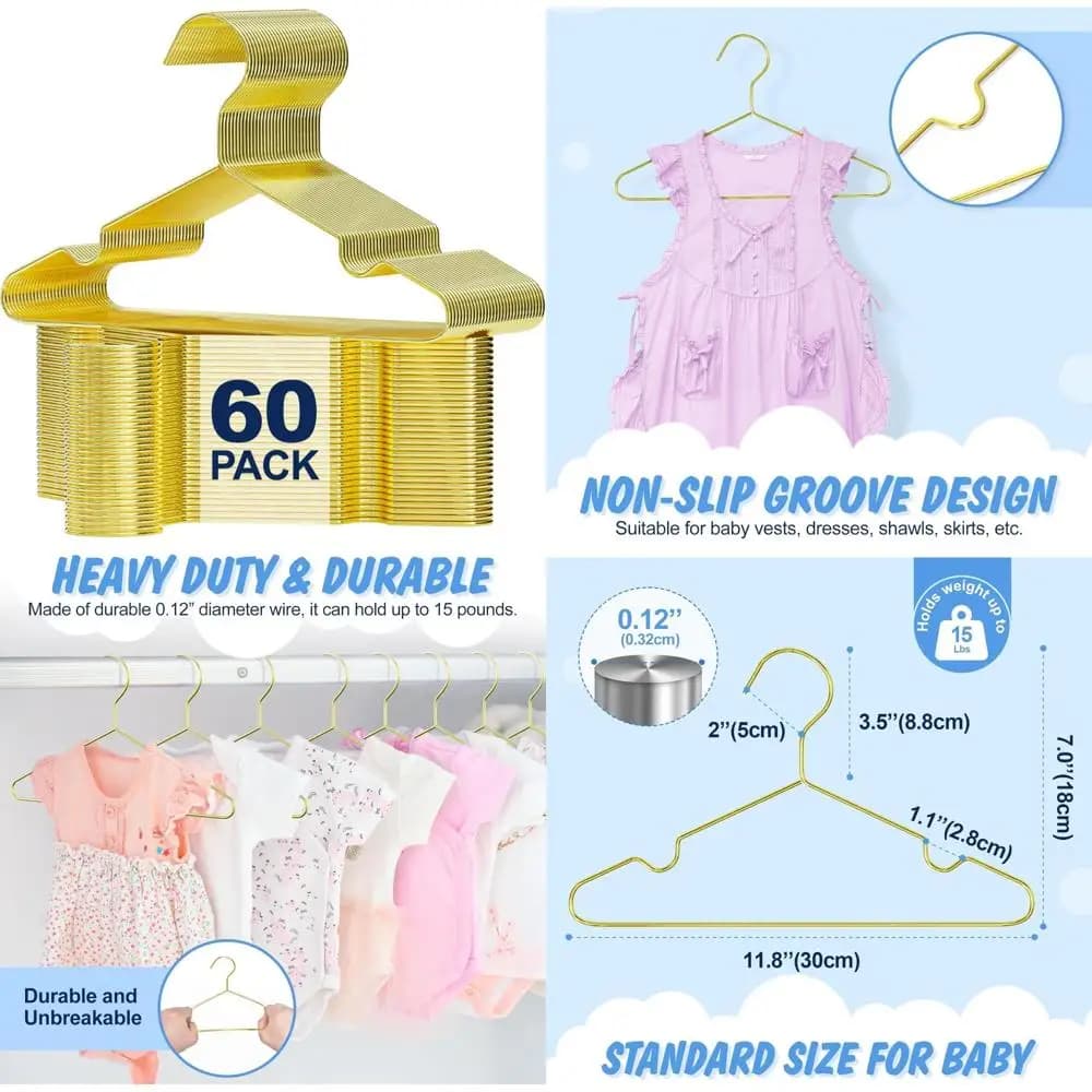 Robust metal wire hangers for children's clothes, 12 inches, 60 inch package, durable, space saving, ideal for baby and small children's wardrobe