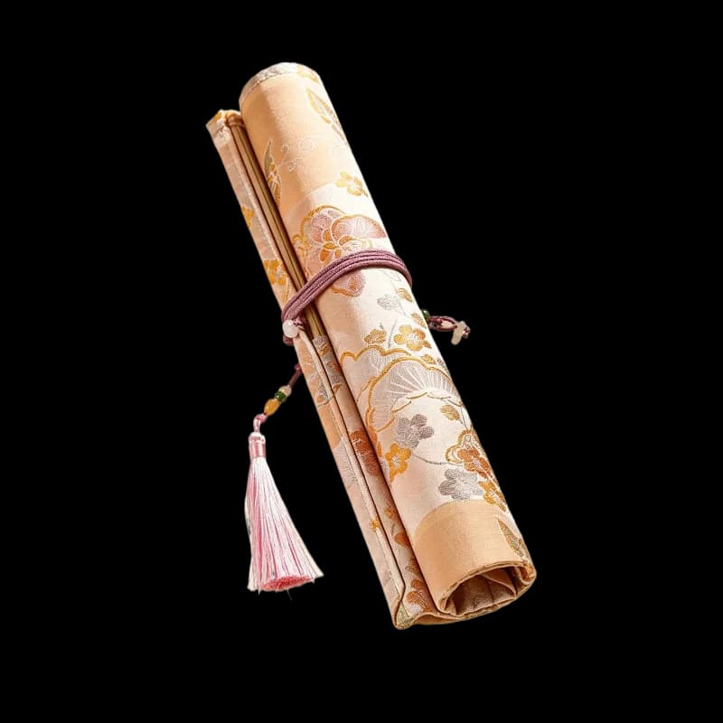 Bamboo Brocade Satin Retro Ventilated Calligraphy Brush Roll Curtain Large Capacity Chinese Painting Ink Brush Storage Organizer