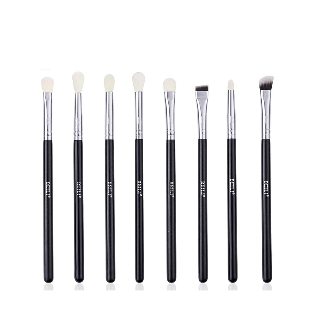 Set di Pennelli per Trucco Occhi in Pelo di Capra, Manico in Legno con Ghiera in Alluminio, Pennello Angolato per Sopracciglia ed Eyeliner, Set da Viaggio Professionale