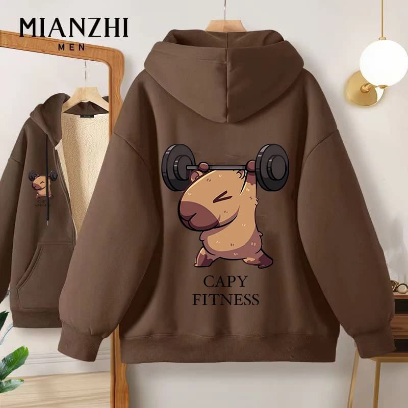 Capybara Lamb Fleece Zipper Jacket Boys Girls Kawaii Anime Sweatshirt Winter Thick Outdoor Men Women Pullover Hoodies Tops Gifts