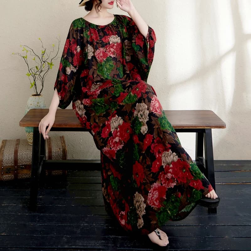 Large Size Artistic Cotton Linen Print Dress Loose Meat Concealing Slimming Holiday Style Robe Lantern Sleeve Long Dress