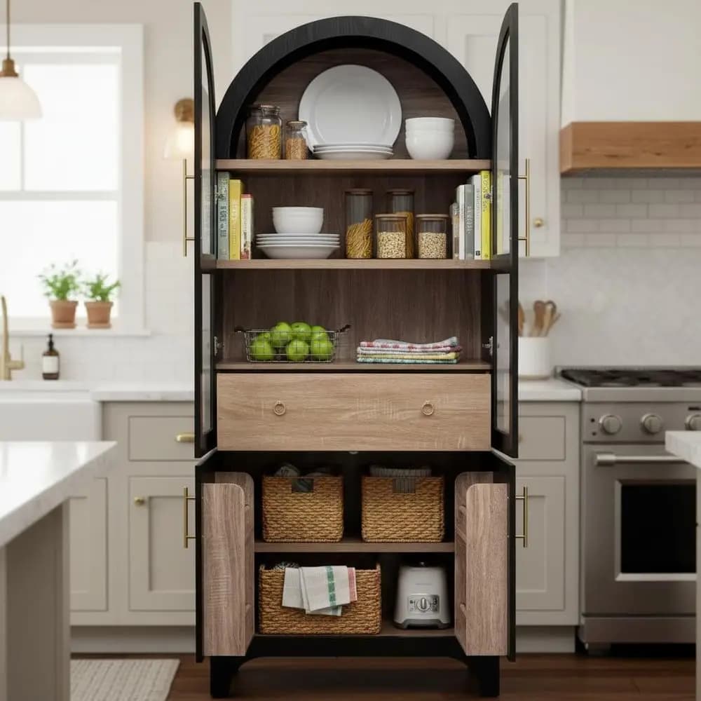 71 Inch Arched Glass Door Kitchen Pantry Cabinet with Adjustable Shelves, Hidden Drawers, Door Racks, Gold Handles, Black
